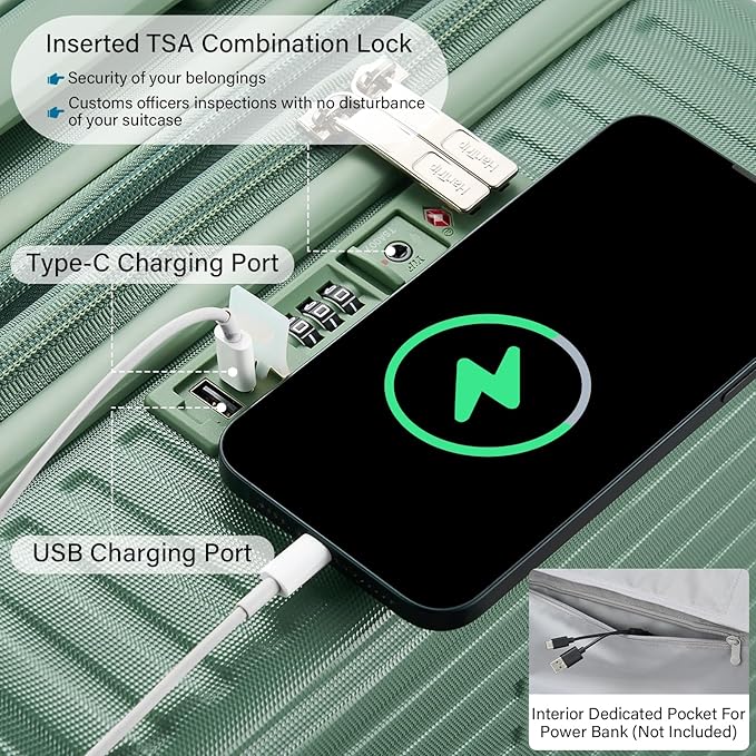 28 Inch Luggage Hard Shell Suitcases, Expandable Travel Checked Luggage 28 Inch, Large Check In Luggage with Spinner Wheels Cup Holder Charger Built in Lightweight Suitcase, Forest Green