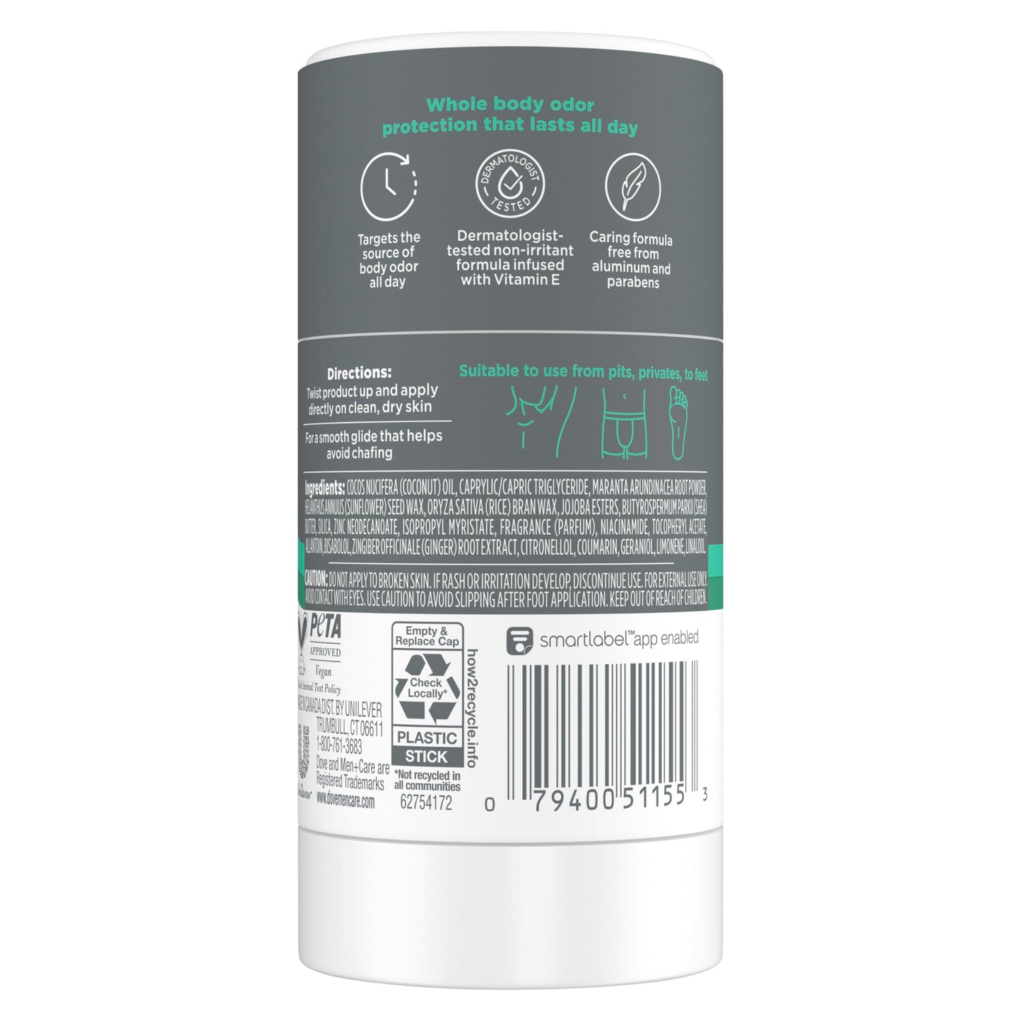 DOVE MEN + CARE Whole Body Deo Aluminum-Free Deodorant Stick Aloe + Bamboo Helps Avoid Chafing Suitable from Pits, Privates, to Feet 2.6 oz