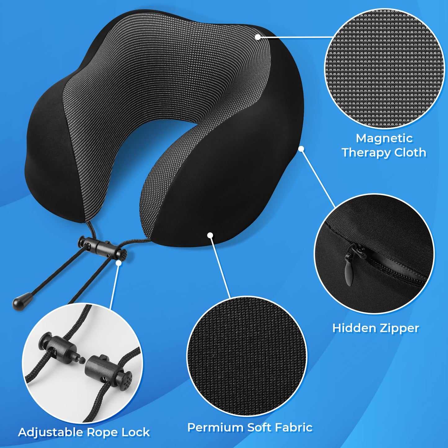 ExploreBliss Travel Pillow, Travel Pillows for Sleeping Airplane, Removable Cover Neck Pillow with Adjustable Clasp, Memory Foam Neck Pillow Set with Eye Mask, Earplugs and Storage Bag (Black)