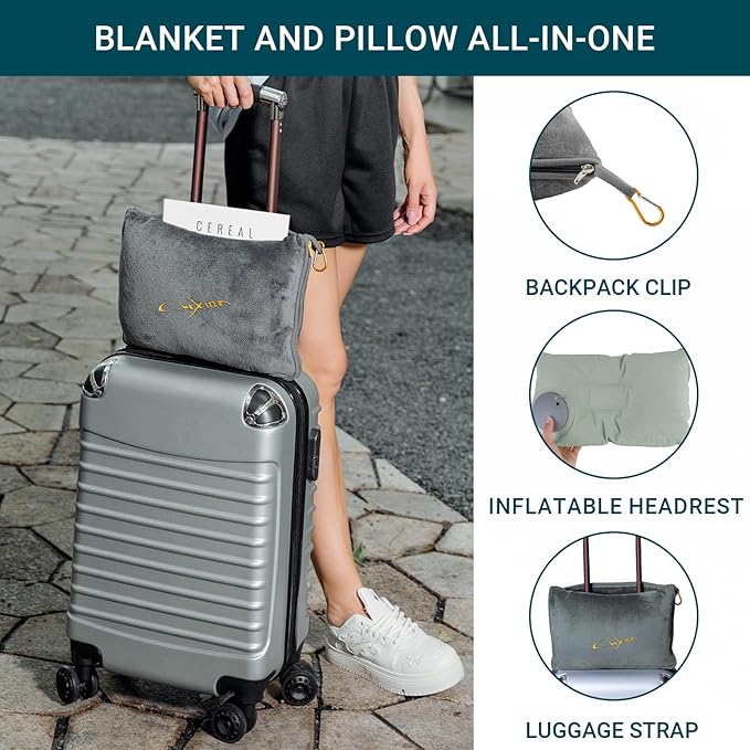 Travel Blanket & Pillow Set, 300 GSM Soft Fleece, 60x43 Inches, 3-in-1 Airplane Blanket, Travel Pillow and Blanket Set, Travel Blanket Airplane Compact with Bag, Travel Essentials, Grey