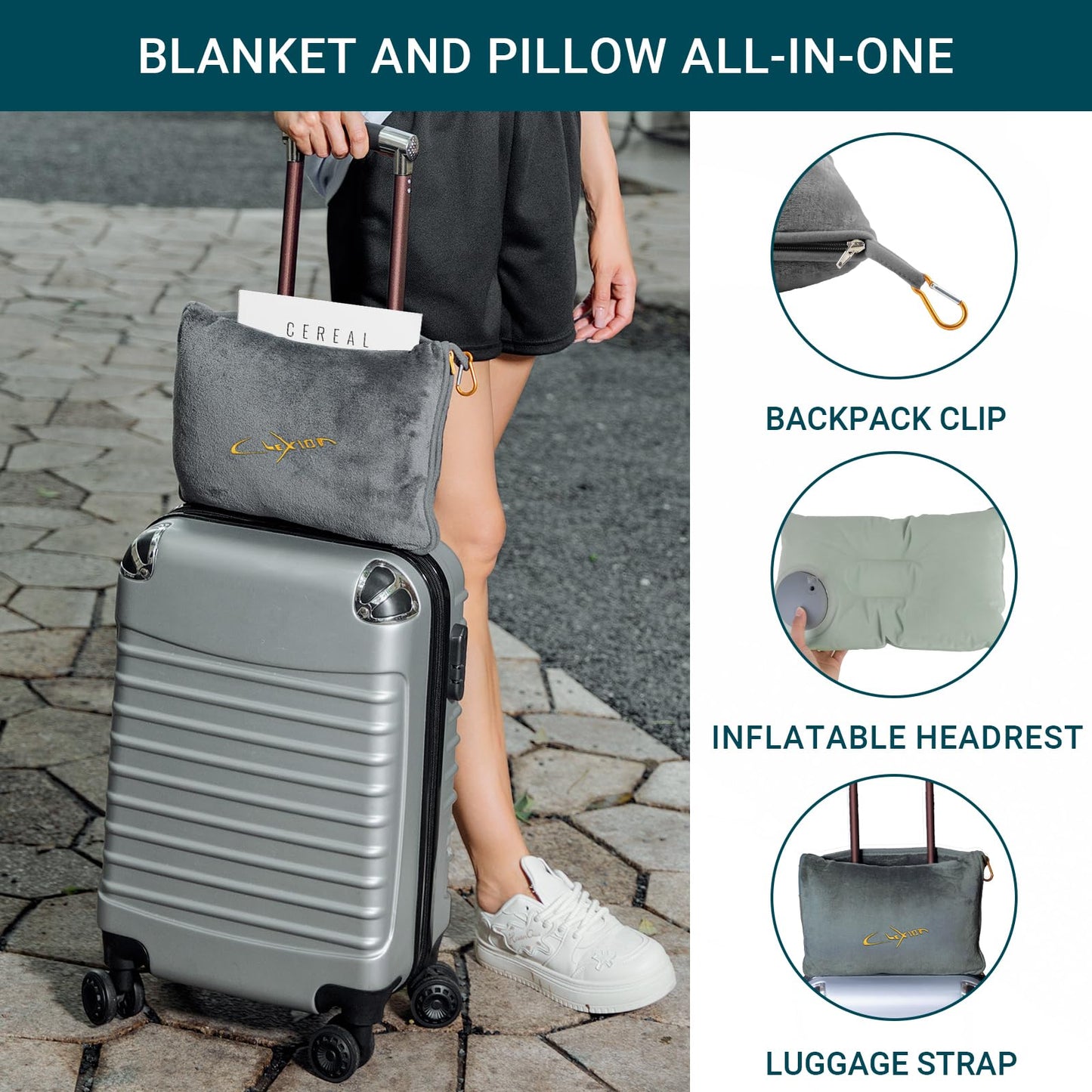 CLEXION Travel Blanket & Pillow Set, 300 GSM Soft Fleece, 60x43 Inches, 3-in-1 Airplane Blanket, Travel Pillow and Blanket Set, Travel Blanket Airplane Compact with Bag, Travel Essentials, Grey