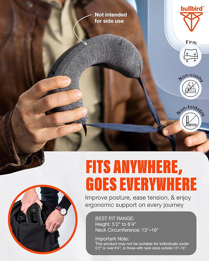 Bullbird Neck Pillow for Travel & Posture Support – Ergonomic Airplane Pillow with Neck Traction - Memory Foam Cervical Pillow with Spinal Alignment Support & Airline Seat Integration - Black