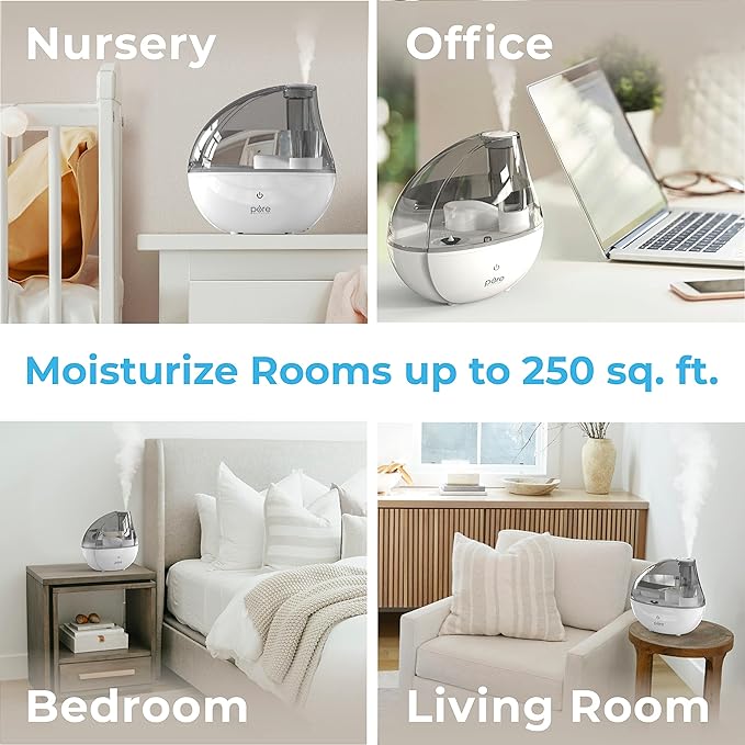 Pure Enrichment MistAire Silver Ultrasonic Cool Mist Humidifier for Bedroom, Office, Nursery & Indoor Plants - Lasts Up to 25 Hours, Whisper-Quiet Operation, Optional Night Light, & Auto Shut-Off