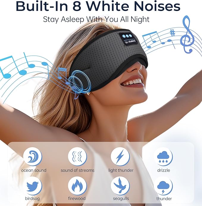 LC-dolida Bluetooth Sleep Mask with White Noise，Sleep Headphones,Bluetooth Wireless Music Eye Mask, Ideal for Travel, Night Work, Napping, Side Sleeping and Office Use for Both Men and Women(Grey)