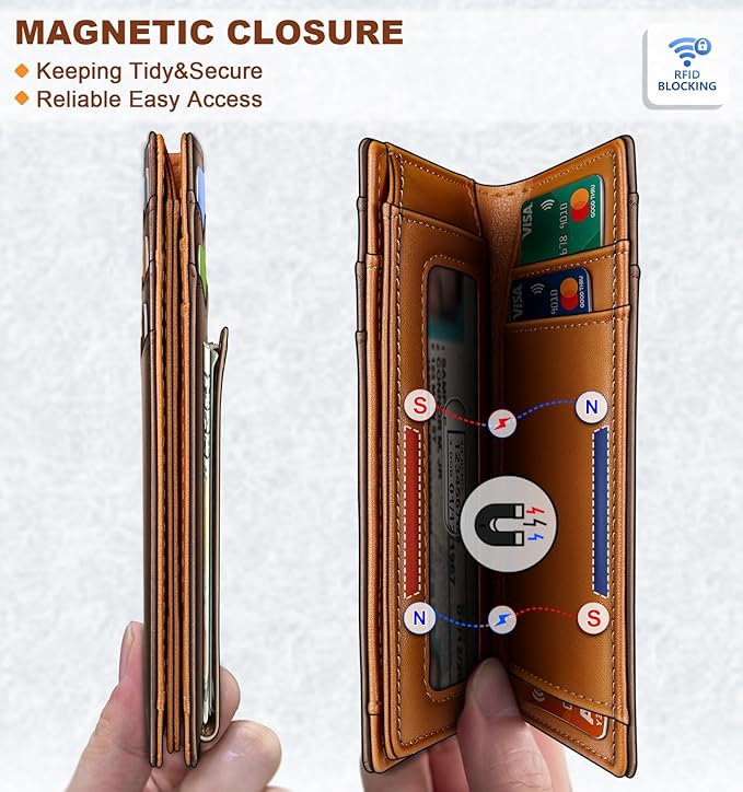 KEMISANT Men Wallet, Slim Leather Wallet Money Clip Magnetic Closure ID Windows 14Cards RFID Blocking