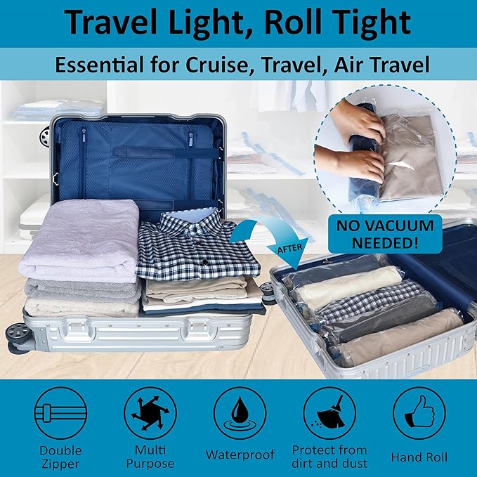 Compression Bags for Travel - Travel Essentials - 24 Pack Space Saver Bags - No Vacuum Needed - Compression Packing Bags for Cruise Accessories