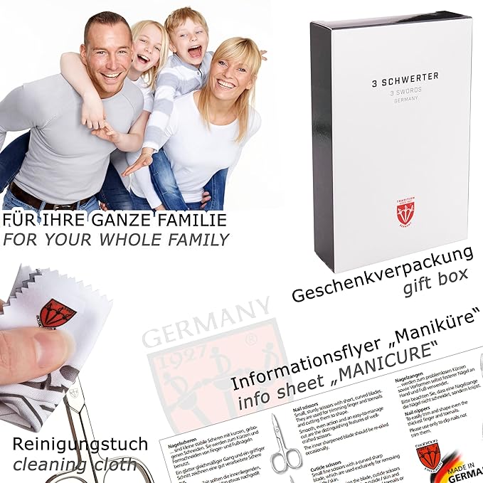 3 Swords Germany - brand quality 6 piece manicure pedicure grooming kit set for professional finger & toe nail care scissors clipper genuine leather case in gift box, Made in Solingen Germany (02259)