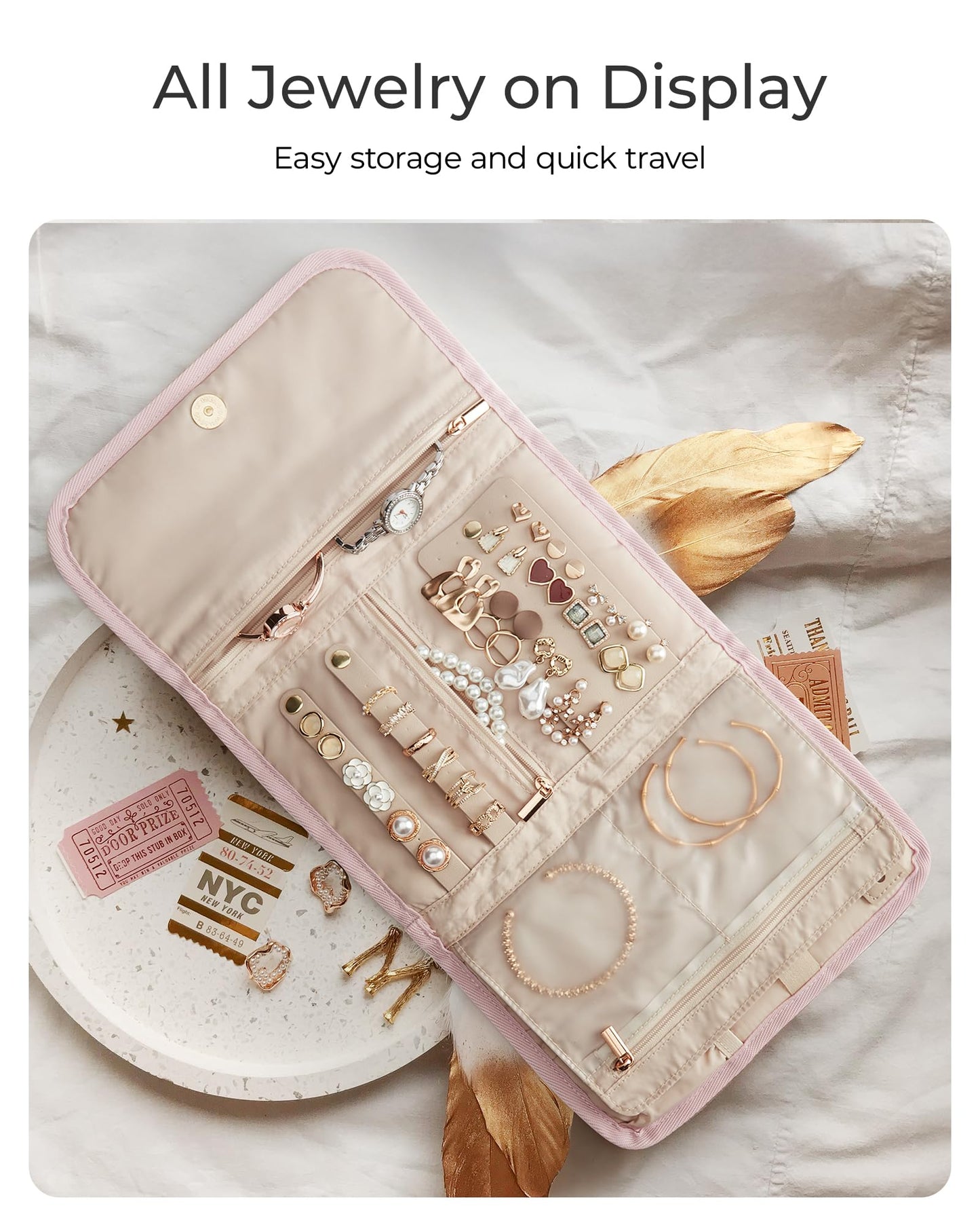 BAGSMART Travel Jewelry Organizer Case, Foldable Jewelry Roll for Necklaces, Earrings, Journey-Rings, Bracelets, Brooches, Portable, Pink