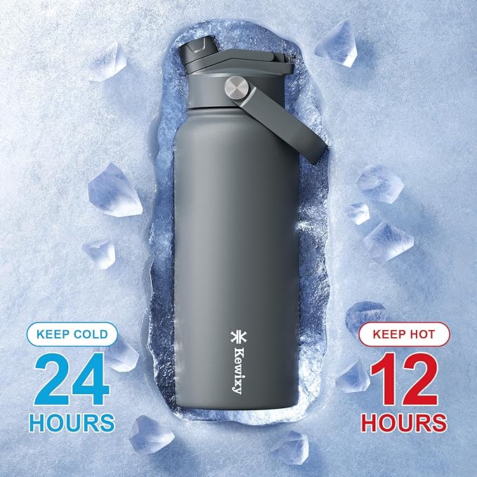 32 oz Insulated Water Bottle, 2-in-1 Lid, Straw & Spout with Protected, Leak Proof, Keep Cold, Stainless Steel, Metal, Reusable, Handle, for Outdoor, Gym and School, 2 Lids, Char Gray