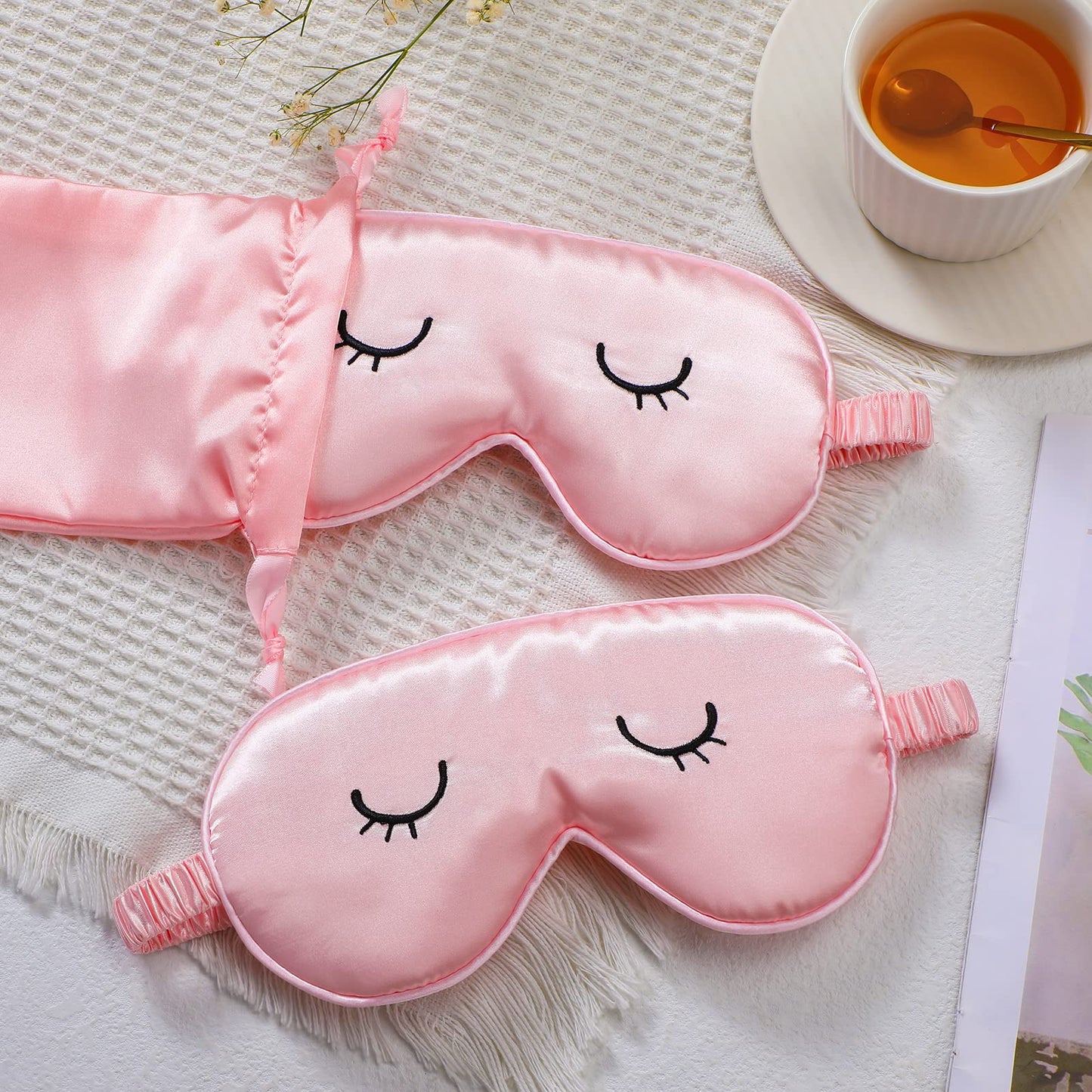 Geyoga 2 Pcs Cute Sleep Eye Masks for Adult Silk Sleep Eye Cover Cute Lightweight Adjustable Eyeshade Mask Satin Night Eyeshade Covers with 2 Pcs Storage Bag(Adult, Pink)