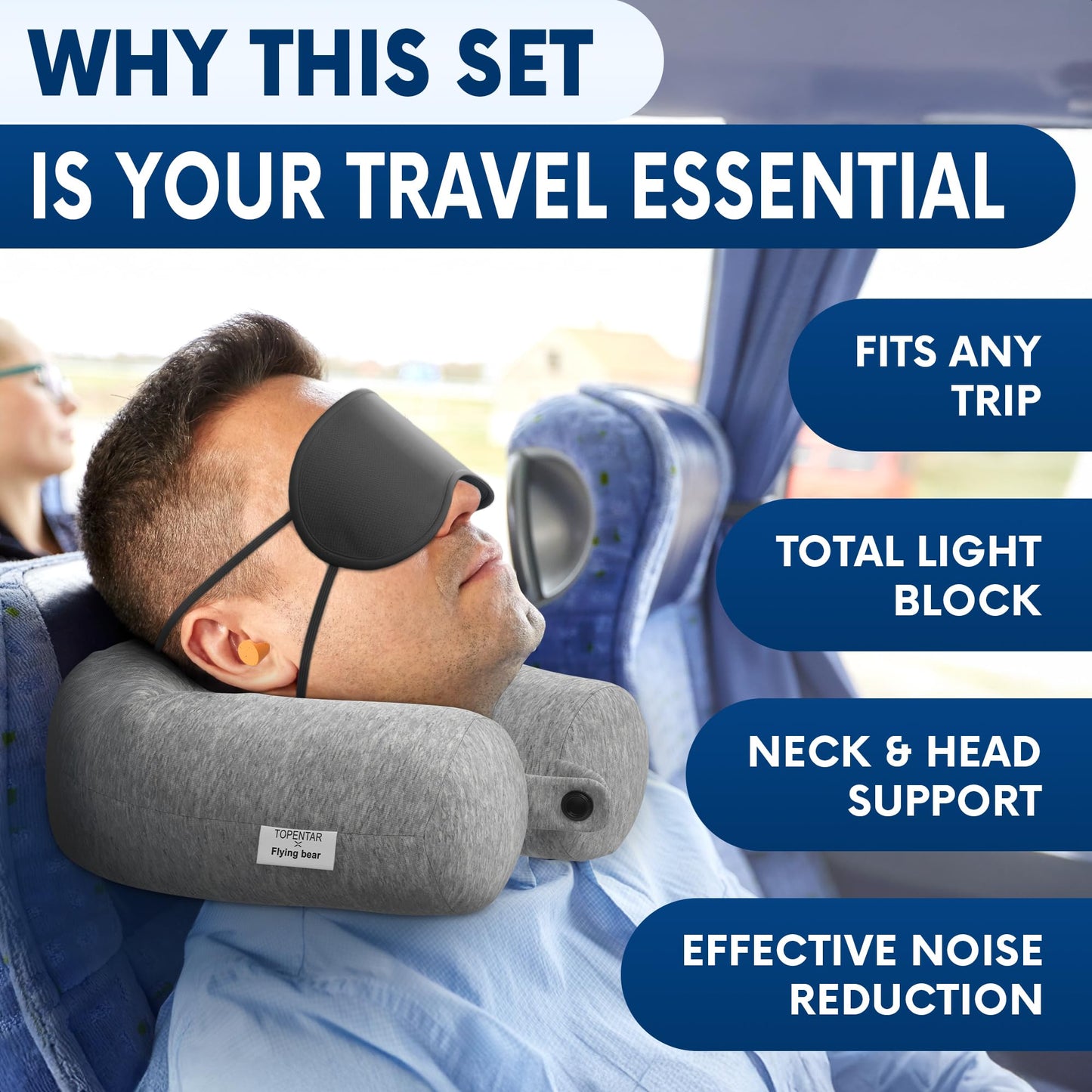 Twist Memory Foam Travel Pillow - Comfortable & Adjustable Neck Pillow for Traveling with Soft Washable Velvet Cover, Eye Mask & Earplugs - Long Flight Essentials | for 360° Neck Support, Chin, Lumbar