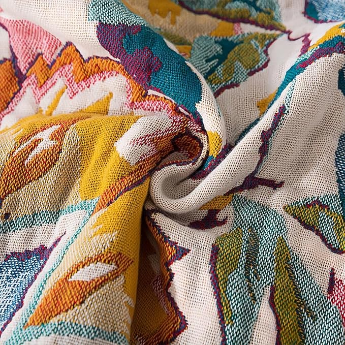 Boho Throw Blanket, 100% Cotton Fall Throws Blanket, King Size Large Bedspread, Floral Rustic Quilt, Farmhouse, Mexican Muslin Blankets for Adults, 90"x98"