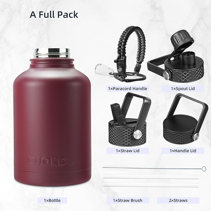BJPKPK Insulated Water Bottles with Straw Lid, 50oz Large Water Jug, Stainless Steel Vacuum Bottles, Hot & Cold Thermo with 3 Lids and Paracord Handle,Brick Red