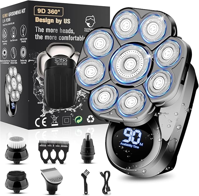 9D Electric Head Shavers for Bald Men, Upgraded 5-in-1 Waterproof Wet/Dry Grooming Kit Electric Shaver for Men, Cordless Rechargeable Bald Head Razor for Home&Travel