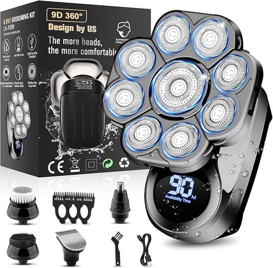 9D Electric Head Shavers for Bald Men, Upgraded 5-in-1 Waterproof Wet/Dry Grooming Kit Electric Shaver for Men, Cordless Rechargeable Bald Head Razor for Home&Travel