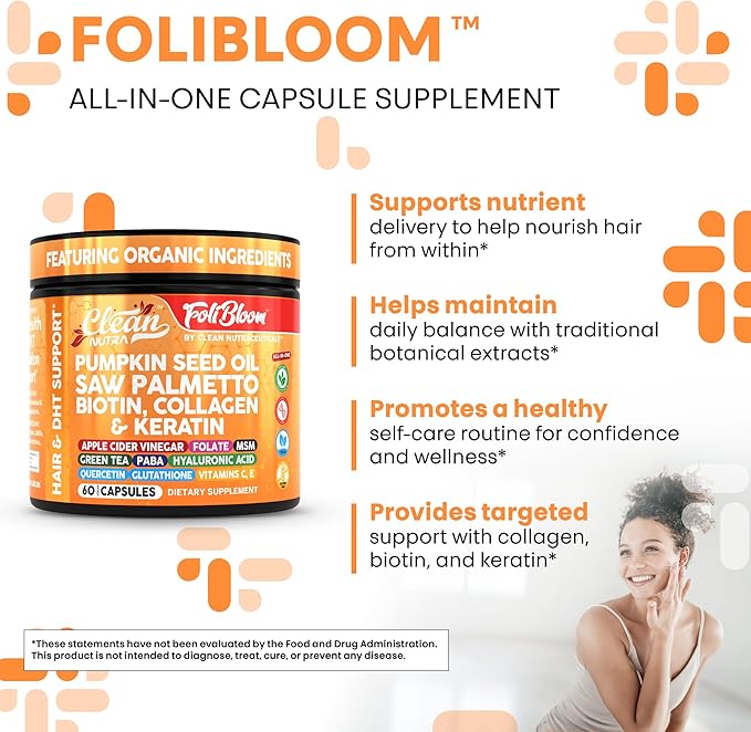 Clean Nutra Pumpkin Seed Oil Saw Palmetto Biotin Collagen Keratin MSM Folate Hyaluronic Acid Supplements B12 Zinc Hair Supplement for Women Men Iodine 5-MTHF B-12 Vitamin B9-60 Vegan Capsules Count