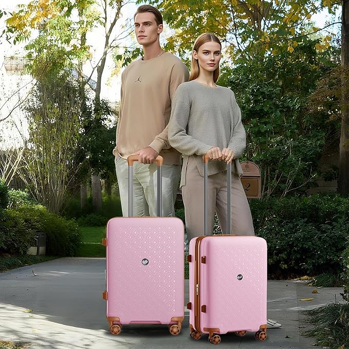 Kono 20 Inch Expandable Hard-Shell Suitcase, Ideal For Short Trips, Durable PP Material, With Hidden Cup Holder & TSA Lock, Pink/Brown