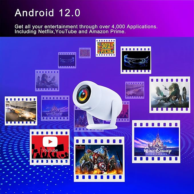 180°Mini Smart Portable Projector 4k with WiFi and Bluetooth for iphone,300ANSI Bedroom Ceiling Projector with Apps 1080P Home/Outdoor Projector for Video Game Console/PC/Laptop