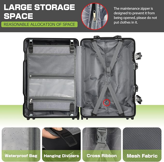 AnyZip Luggage Aluminium Frame Suitcase PC ABS Hard Shell TSA Lock No Zipper 24In Black