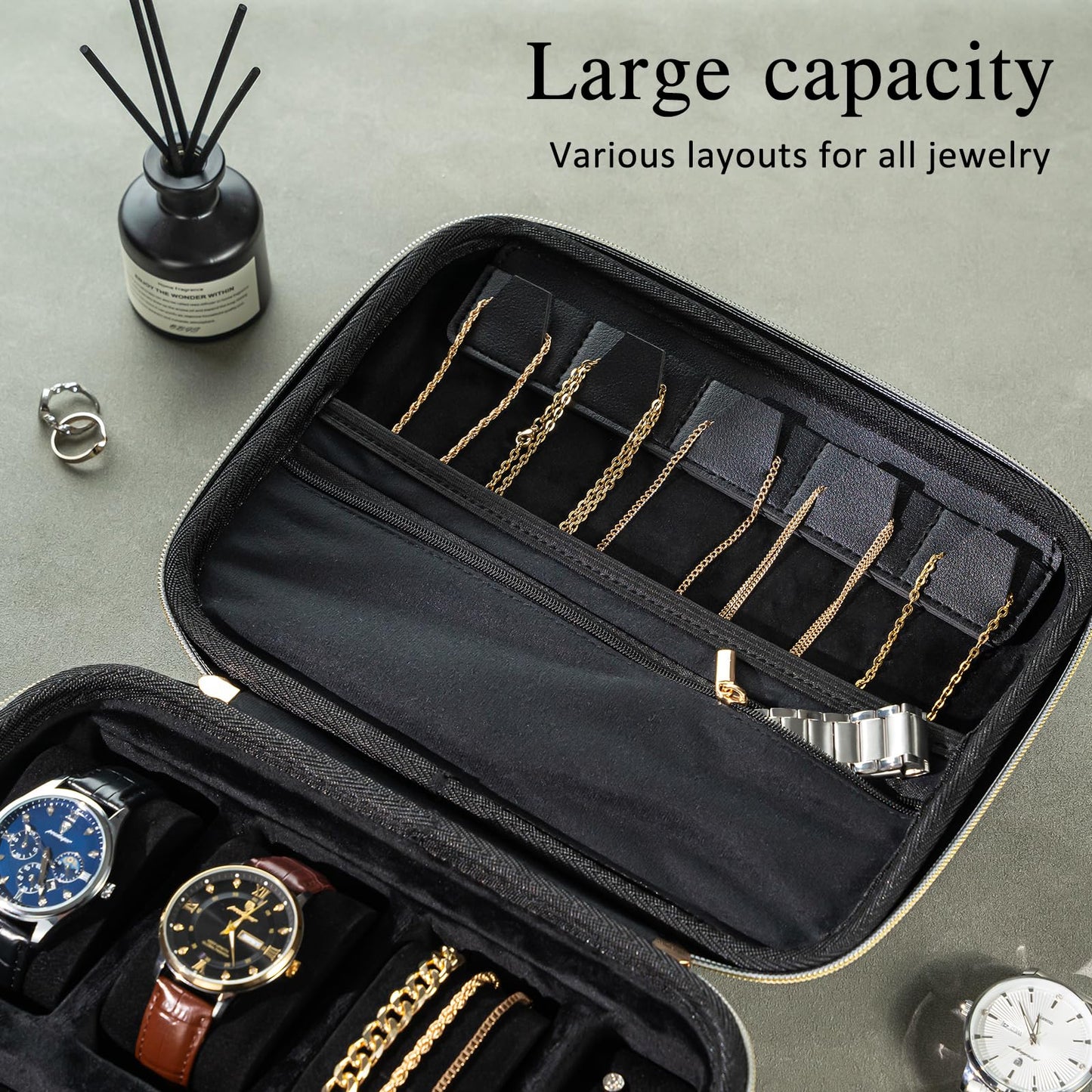 ProCase Mens Extra Large Jewelry Storage Case, 3 Slots Travel Watch Accessories Carrying Box, Glasses Necklaces Rings Bracelets Zippered Organizer Bag for Male -Black