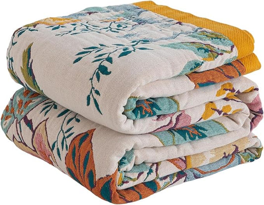 Boho Throw Blanket for Couch, Queen Size Bohemian Bedspread Blankets, Cozy Warm Lightweight Cotton Throw Blanket, Reversible Fall Blanket Floral Pattern, 80"X90"