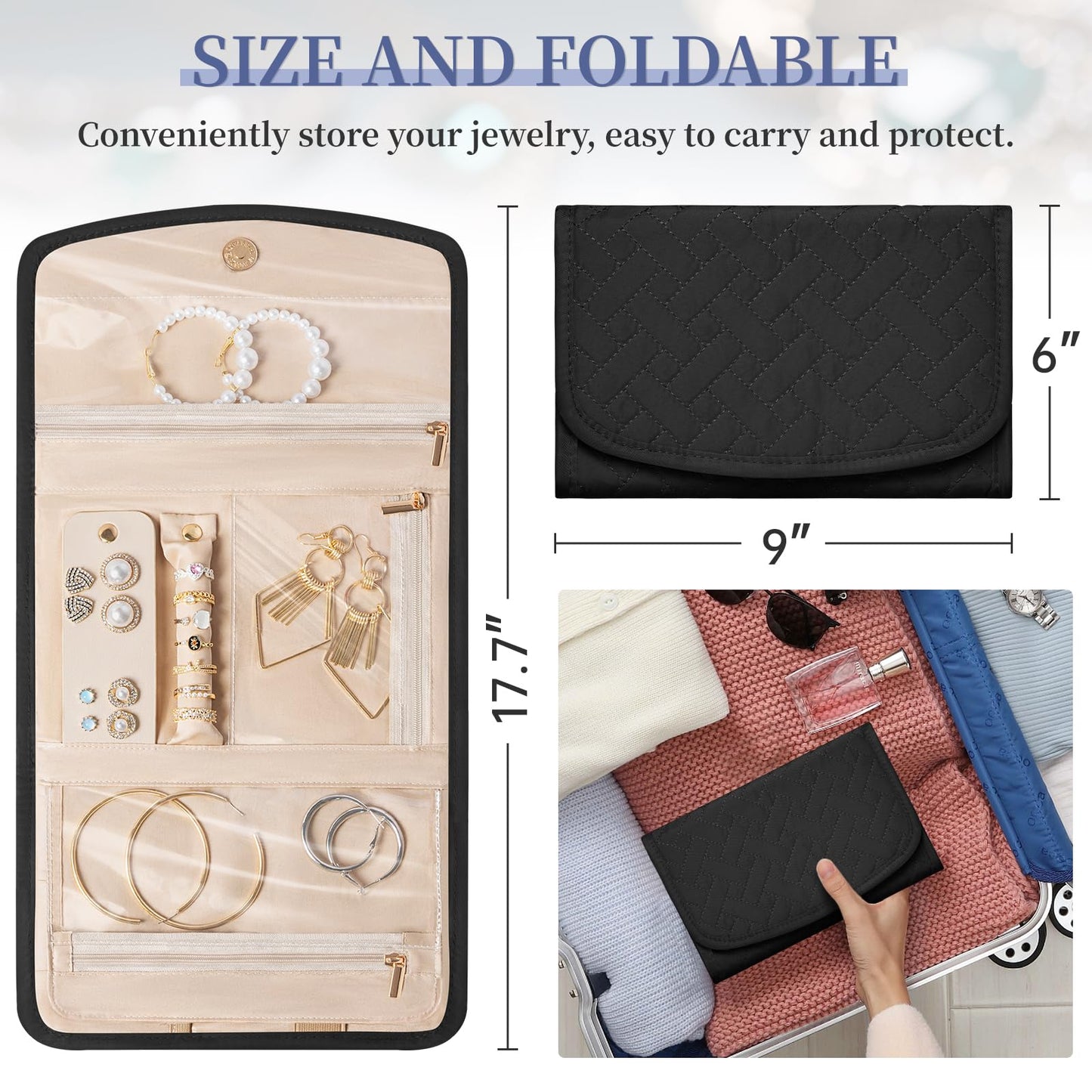 LASUK Travel Jewelry Holder Organizer Case, Foldable Jewelry Roll Storage Bag for Necklaces Rings Earrings Bracelets, Large, Black