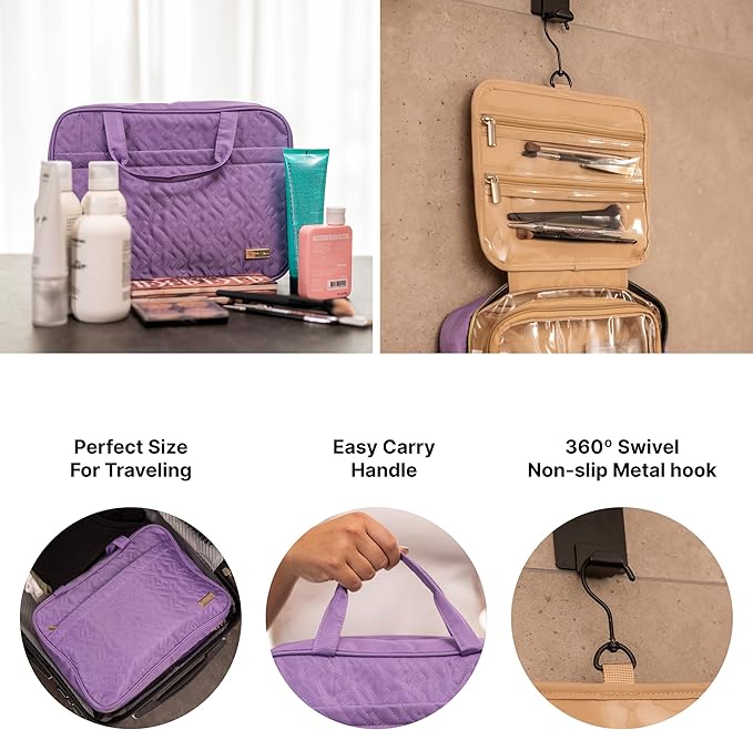 Carrywell |Not Made In China| Hanging Toiletry Travel Bag For Women, Makeup Organizer Case, Water-Resistant Cosmetic Bag For Full-size Containers, Toiletries (Purple, Medium)
