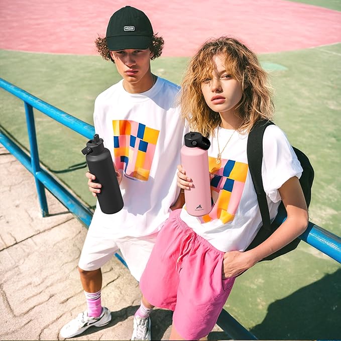 24 oz Double Walled Water Bottle for Women: Leakproof, Cup Holder Friendly, Standard Mouth, Top Handle, Insulated Stainless Steel Flask for Student, Teacher, Nurse, Commuter, Bag, Home (Cloudy Rose)