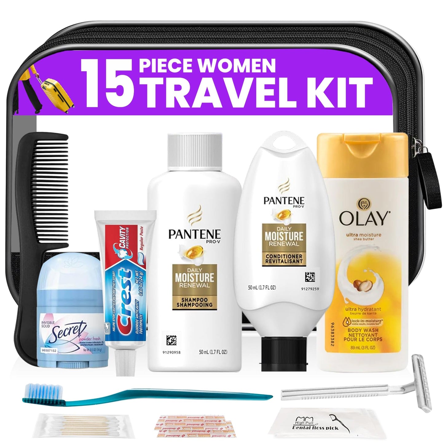 Trektote Travel Toiletry Kit For Women – 15 Piece Set of Premium Travel Size Toiletries, TSA Compliant Travel Essentials, Includes Shampoo And Conditioner, Body Wash, Toiletry Bag & More
