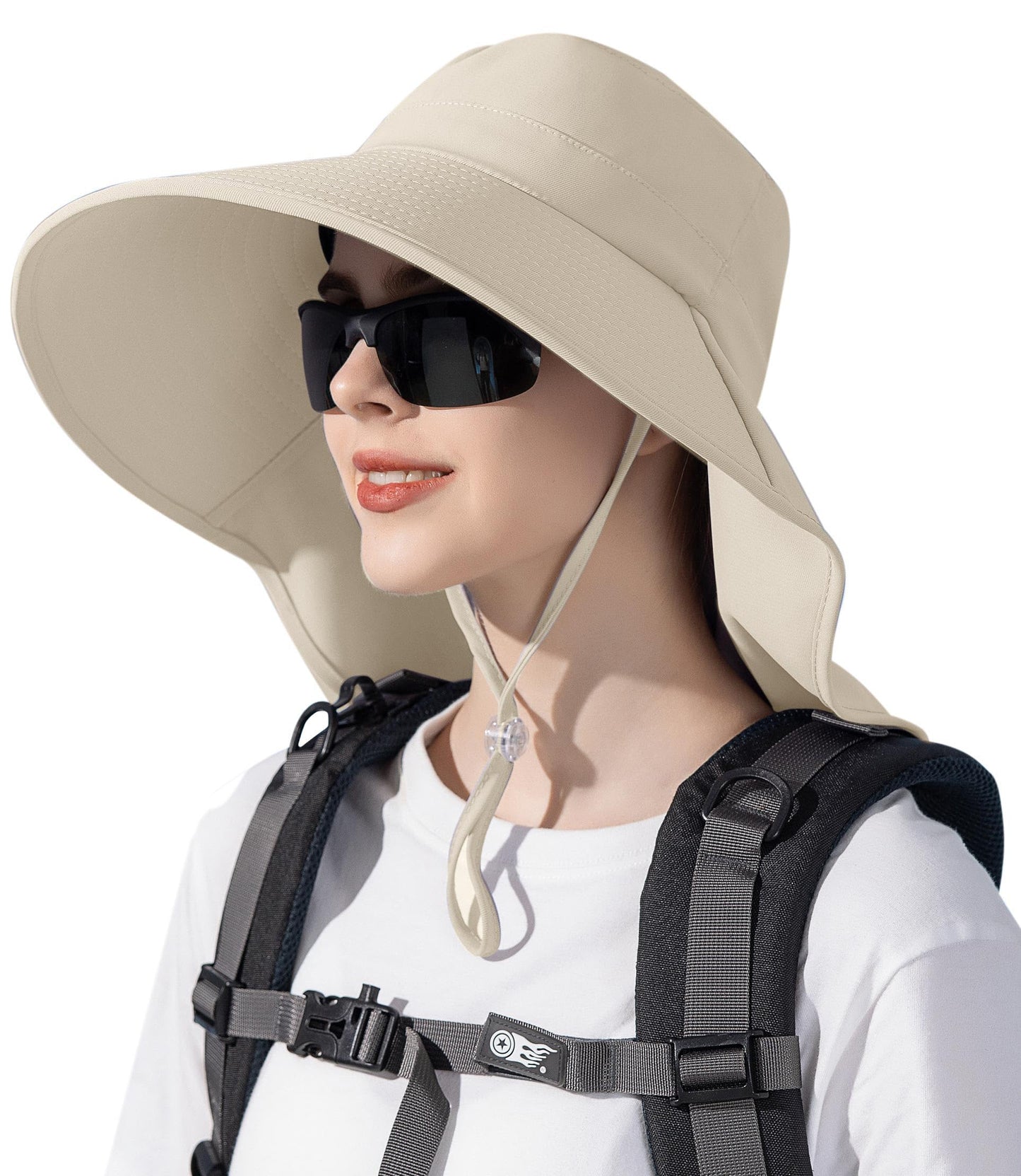 Sun Hats for Women UPF 50+ Uv Protection with Ponytail Hole，Beach Wide Brim Hats Fishing Hats，Gardening Hat for Neck Flap Beige