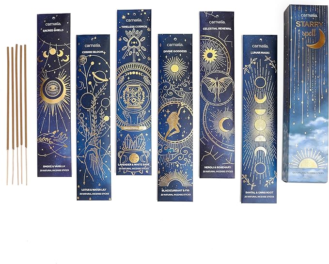 Carnatia Starry Spell Incense Sticks – Set of 6 Mystical Scents, 120 Premium Sticks for Creativity, Focus, Manifestation & Meditation | Natural, Slow-Burning for Spiritual Rituals & Self-Care!