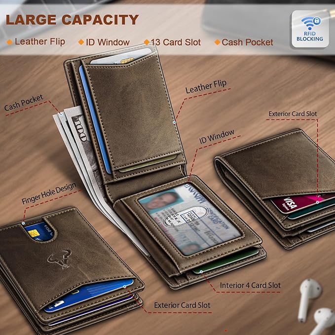 BULLIANT Men Wallet, Slim Leather Wallet Front Pocket Card Holder Gift For Men 11 Slots RFID Blocking