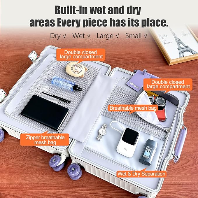 Aluminium Frame Checked-Luggage with Smooth Jelly Wheels, Hardside Zipperless Rolling Suitcase with TSA Lock (WhitePurple, 24-Inch)