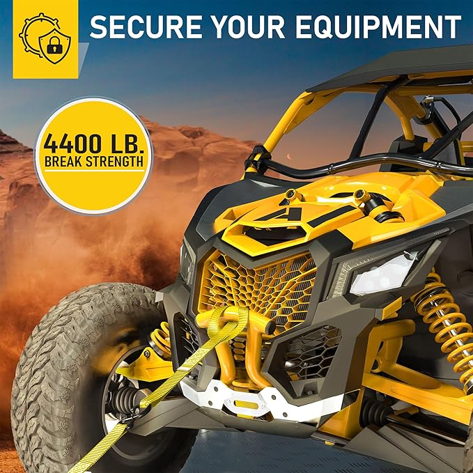 AUGO Heavy Duty Ratchet Straps & Soft Loops – Pack of 4 Extra Strong 1.5” by 15’ Ratchet Straps w/S-Hook Safety Latches & 4 Soft Loop Tie Downs – 4400Lb Break Strength for Motorcycles, ATVs, Etc.