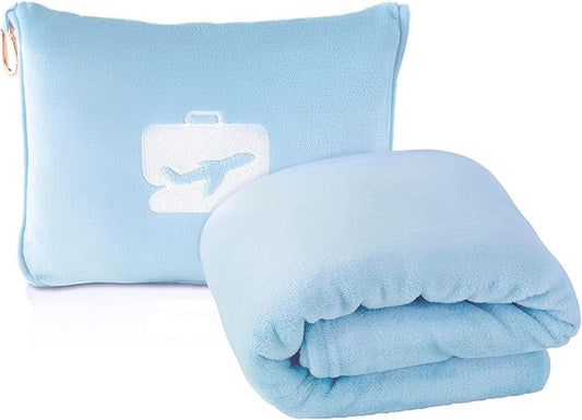EverSnug Travel Blanket and Pillow - Premium Soft 2 in 1 Airplane Blanket with Soft Bag Pillowcase, Hand Luggage Sleeve and Backpack Clip (Ice Blue)