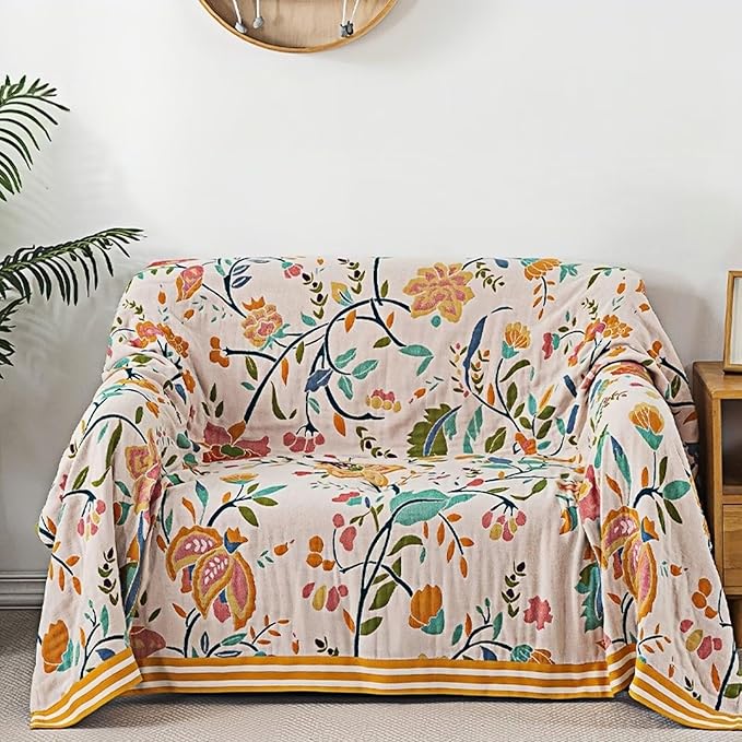 Boho Throw Blanket, Double-Sided Cotton Woven Throw Blankets,Bohemian Style Little Swan Green Boho Muslin Blanket for Traveling, Camping, Picnic, Farmhouse,80''x90''