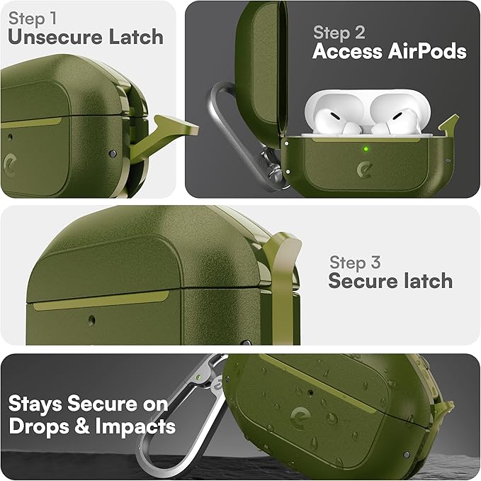 Keybudz for AirPods Pro Case with Lock - Fully Waterproof AirPods Pro 2nd Generation Case Cover - Keychain, Rugged Tough Protection, Hard Shell and Carabiner for USB-C/Lightning (Forest Green)