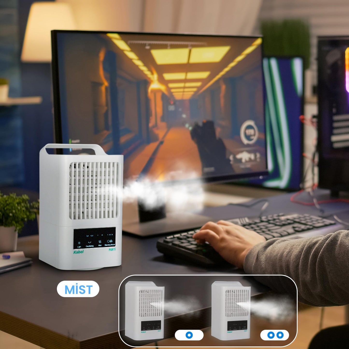 Mini Portable Air Conditioners | 4in1 USB Evaporative Air Cooler with Fan, Mist, Humidifier & Light | 60°/120° Oscillation, Touch Panel, 3 Speeds | Personal AC for Bedroom, Desk, Tent, Camping, Car