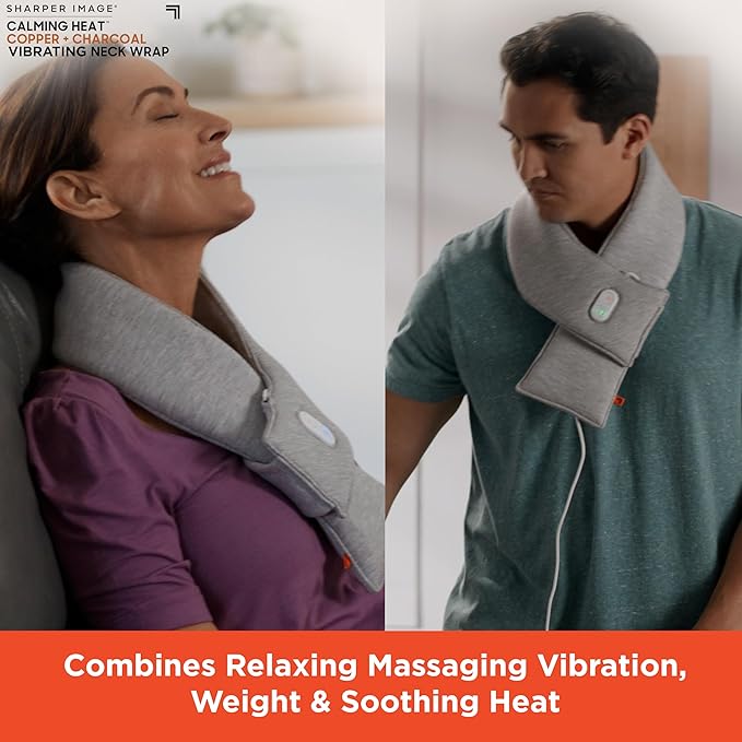 Calming Heat Neck Wrap by Sharper Image Copper & Charcoal Infused Personal Electric Neck Heating Pad with Vibrations, 3 Heat & 3 Vibration Settings- 9 Relaxing Combinations