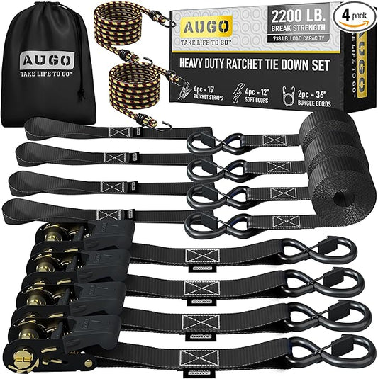 AUGO Ratchet Straps Heavy Duty 4 Pack -15 FT - 2200 LB Break Strength – with Safety Lock S Hooks - Cargo Straps for Moving, Appliances, Motorcycle – Soft Loop Tie Down Straps