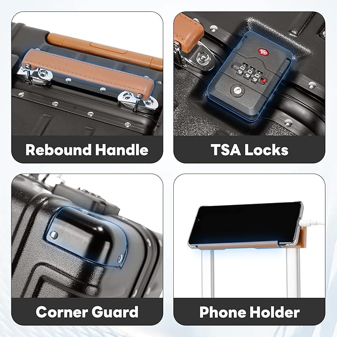 18 Inch Carry On Luggage Suitcase Locks TSA Approved Hardside Lightweight Suitcase with Cup Holder TSA Lock Carry On Luggage with USB Port Phone Holder Suitcases with 360° 8 Double Spinner Wheels