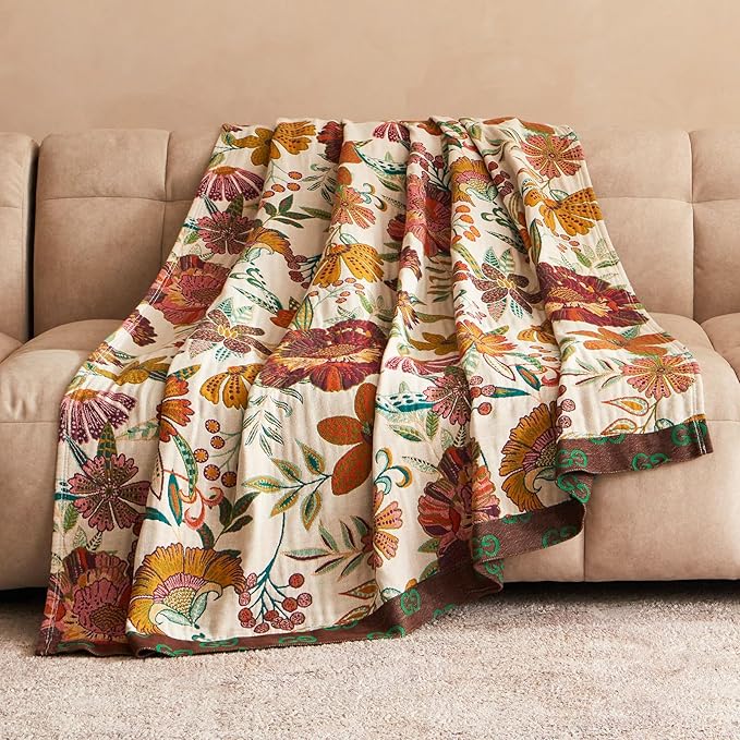 Boho Throw Blanket for Bed 100% Cotton Ultra Soft Rustic Quilt Fall Blanket Floral Printed Farmhouse Decor Bed Blankets,90"×98" All Season Rustic Throw for Sofa Couch Chair