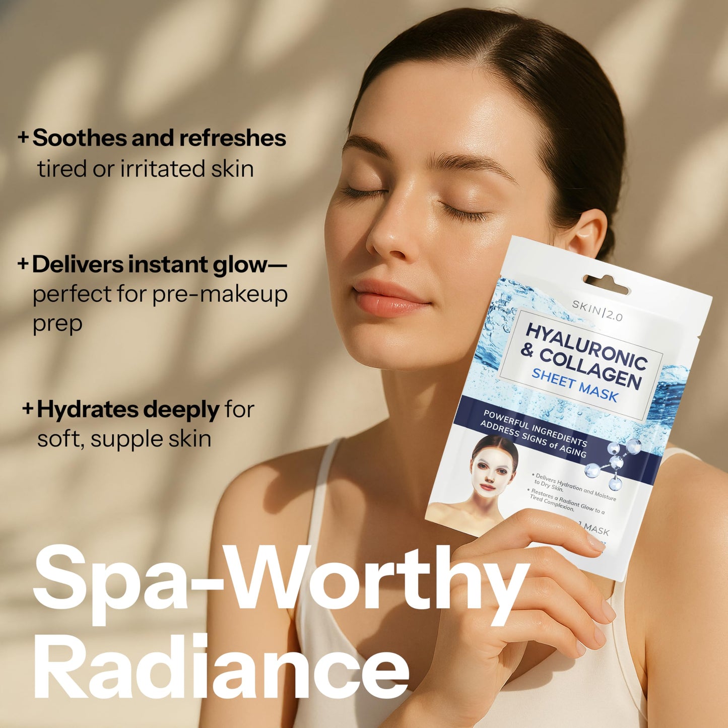 Skin 2.0 Hyaluronic Acid & Collagen Sheet Mask - Hydrating, Anti-Aging, Firming - Dermatologist Tested Korean Skincare - Clean Beauty, Natural Ingredients, Cruelty-Free, All Skin Types - 5 Masks