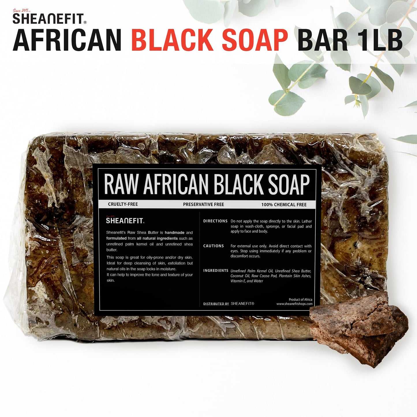 Sheanefit Raw African Black Soap Bar - For All Skin Types - Face, Body, Hair Soap Bulk Bars (15 Ounce (Pack of 1)