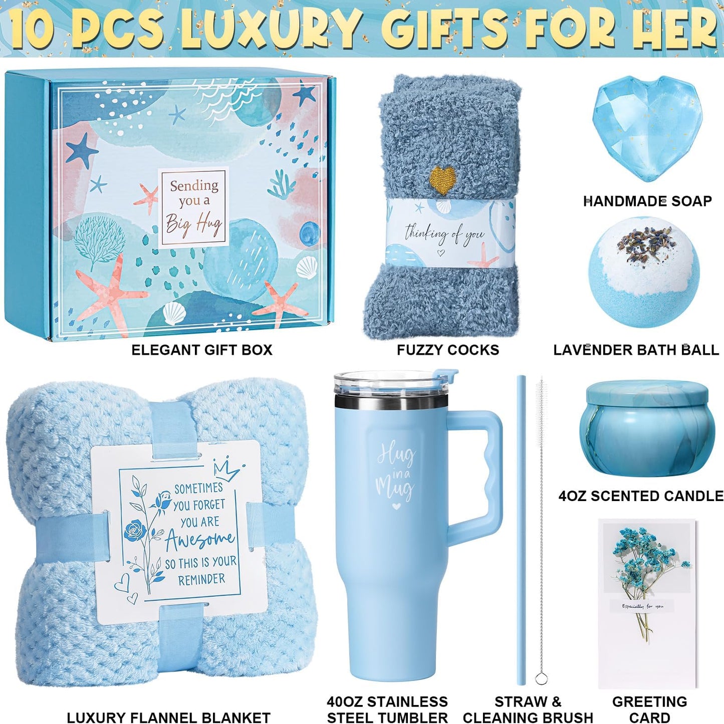 Birthday Gifts for Women Self Care Gifts Get Well Soon Gifts, Ocean Relaxing Spa Gifts Basket Care Package w/ Flannel Blanket 40 OZ Tumbler, Christmas Gifts for Mom Wife Grandma Friends Sisters Her
