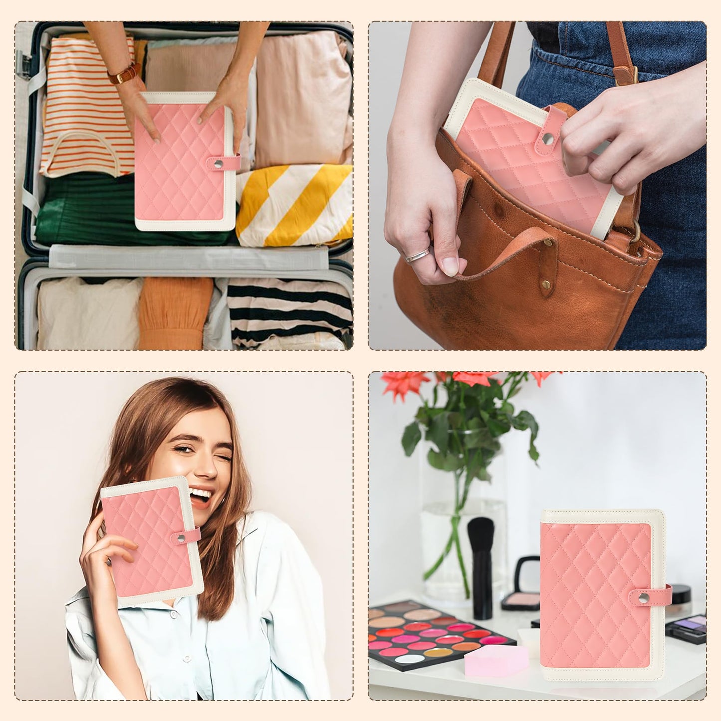 FurUlixty Jewelry Travel Organizer Case -5 Pouch Jewelry Roll for Necklaces, Rings, Earrings Jewelry Storage Ring Binder PU Leather for Women (Beige & Pink)