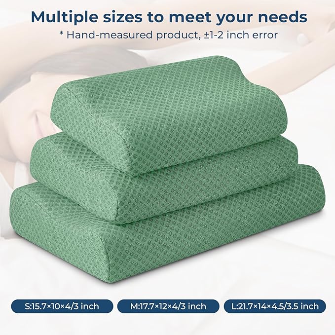Travel Pillow Memory Foam Pillows, Ergonomic Wave Cervical Neck Pillow for Neck Pain Relief, Compressible Medium Firm Side Sleeper Pillow, Ideal for Camping, Office, Home & Bed (Green, L)