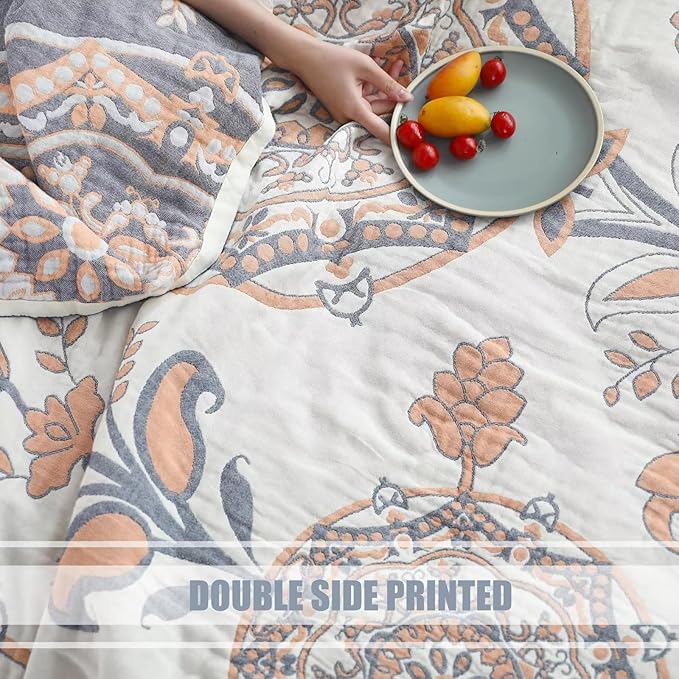 Boho Throw Blanket for Bed 100% Cotton Ultra Soft Rustic Quilt Floral Printed Farmhouse Decor Bed Fall Blanket,80"×90" All Season Rustic Throw for Sofa Couch Chair