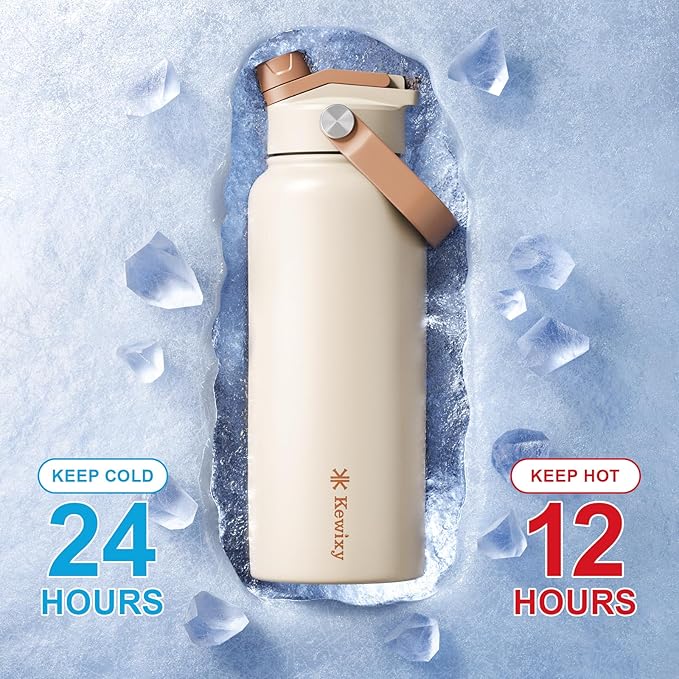 32 oz Insulated Water Bottle, 2-in-1 Lid, Straw & Spout with Protected, Leak Proof, Keep Cold, Stainless Steel, Metal, Reusable, Handle, for Outdoor, Gym and School, 2 Lids, Mousse