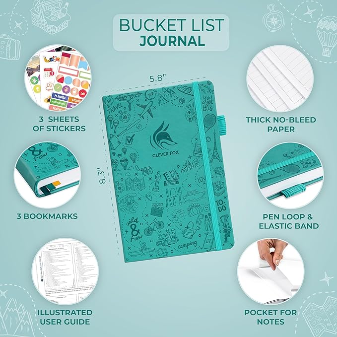 Clever Fox Bucket List Journal – Inspirational Book for Memories & Adventures – Motivational Bucket List Notebook for Couples, A5 (Turquoise)